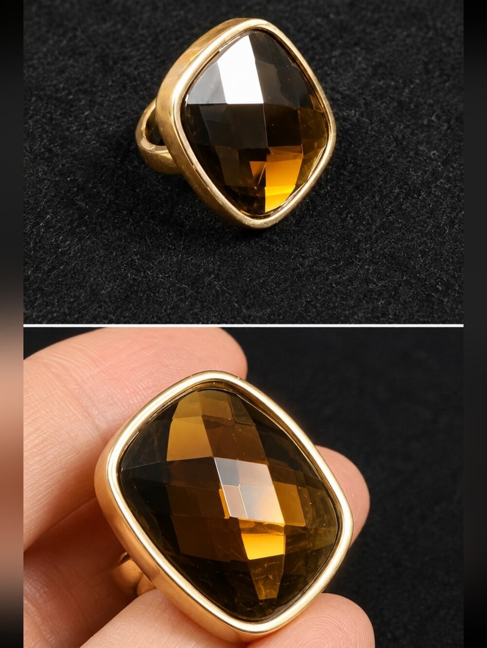 FOLLI FOLLIE Faceted Crystal Cocktail Ring Gold Tone EU 54